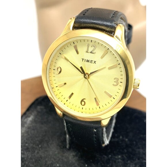 Timex Women's Watch TW2V36000 Quartz Gold Black Leather Band 32mm - Picture 1 of 13